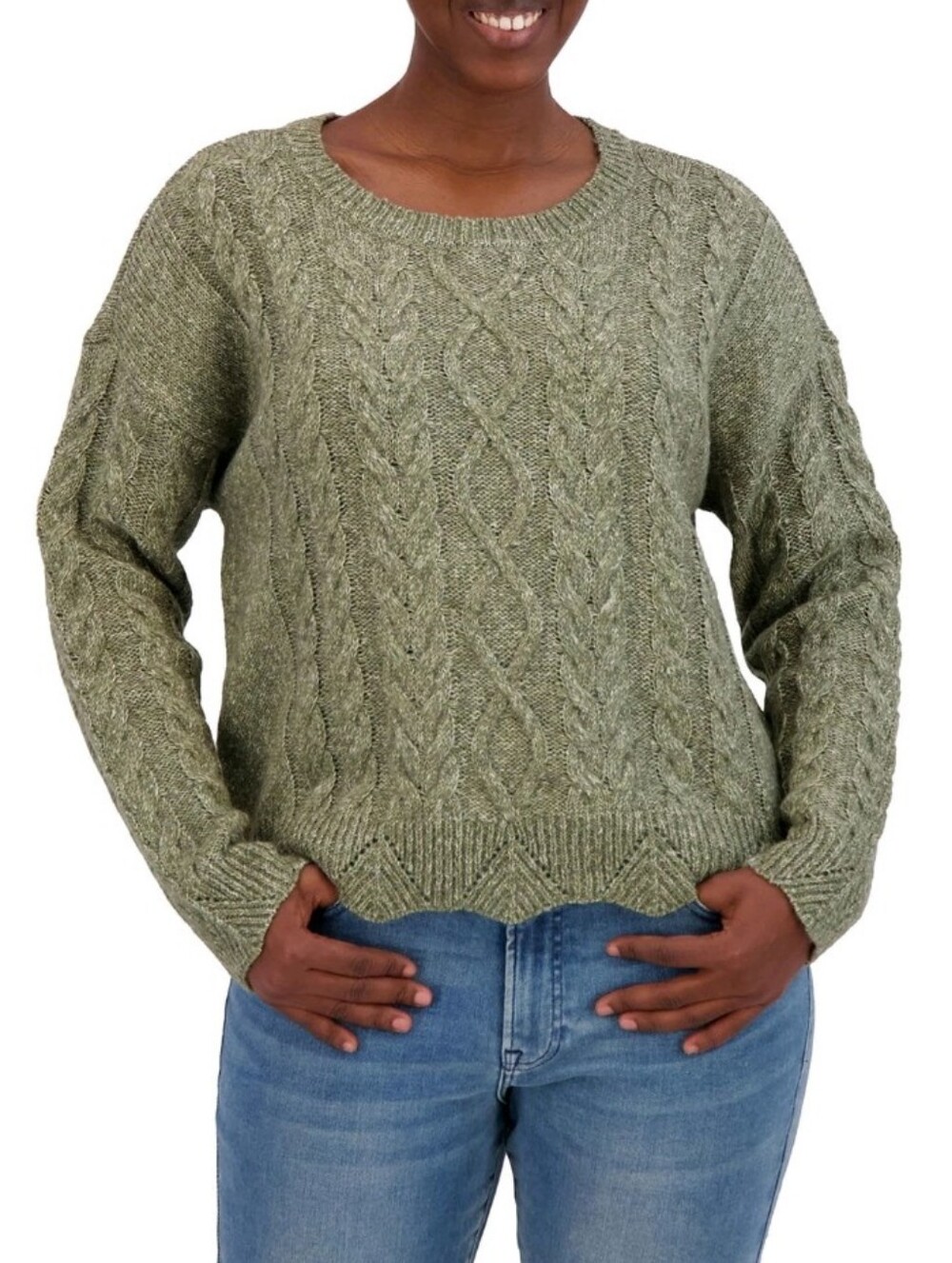 Lucky Brand Olive Green Cable Knit Crewneck Scalloped Hem Sweater Wms 2XL Cozy